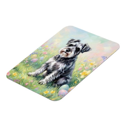 Whimsical Schnauzer with Easter Eggs Flexible マグネット (左側)