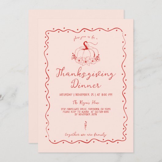 Whimsical Scribble Hand Drawn Pumpkin Thanksgiving 招待状 (正面/裏面)