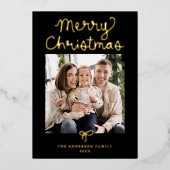 Whimsical Script Bow Black Christmas 2 Photo 箔シーズンカード (正面)