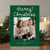 Whimsical Script Bow Green Christmas 2 Photo 箔シーズンカード