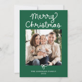 Whimsical Script Bow Green Christmas 5 Photo シーズンカード (正面)
