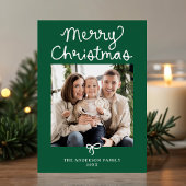 Whimsical Script Bow Green Christmas 5 Photo シーズンカード