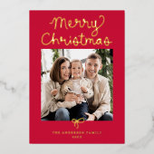 Whimsical Script Bow Red Christmas 2 Photo 箔シーズンカード (正面)