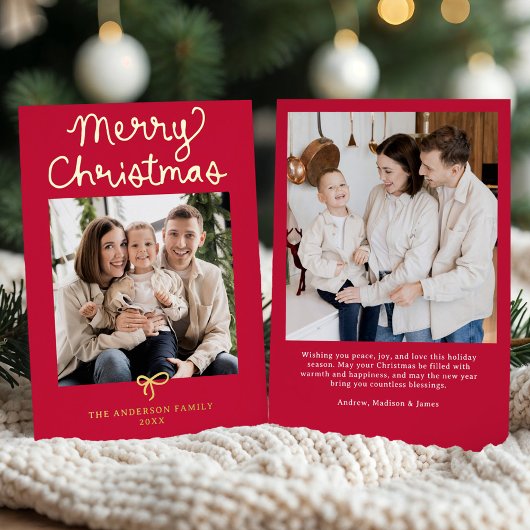 Whimsical Script Bow Red Christmas 2 Photo 箔シーズンカード