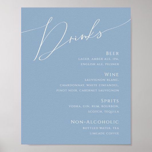 Whimsical Script | Dusty Blue Wedding Drinks Menu ポスター (正面)