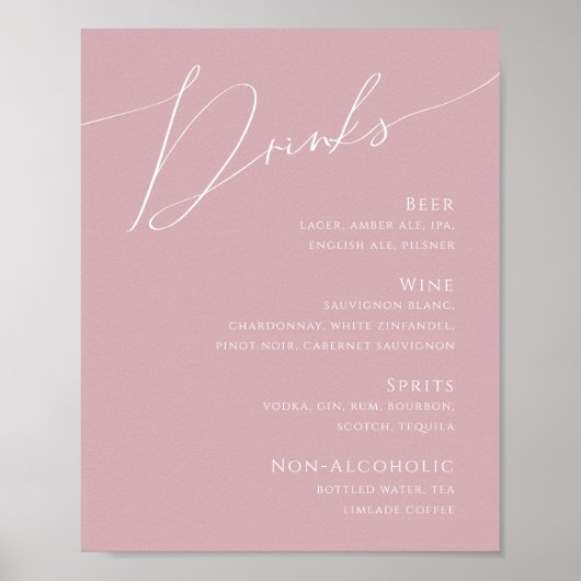 Whimsical Script | Dusty Rose Wedding Drinks Menu ポスター (正面)