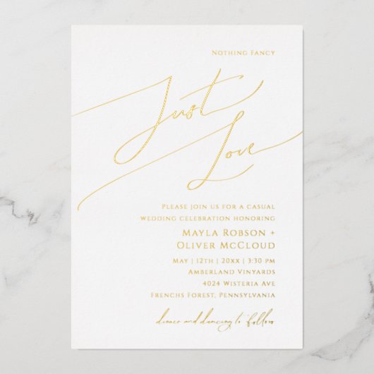 Whimsical Script Nothing Fancy Just Love Wedding 箔招待状 (正面)