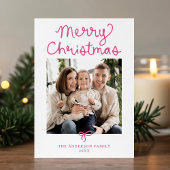 Whimsical Script Pink Bow Christmas 5 Photo シーズンカード
