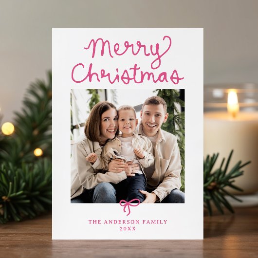 Whimsical Script Pink Bow Christmas 5 Photo シーズンカード