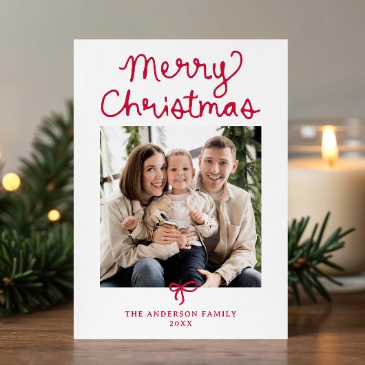 Whimsical Script Red Bow Christmas 2 Photo シーズンカード