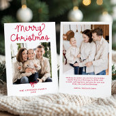Whimsical Script Red Bow Christmas 2 Photo シーズンカード