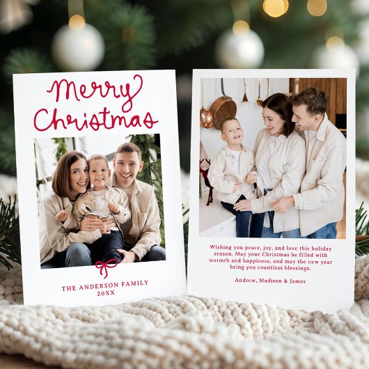 Whimsical Script Red Bow Christmas 2 Photo シーズンカード