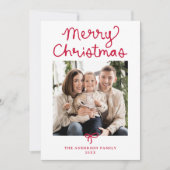 Whimsical Script Red Bow Christmas 2 Photo シーズンカード (正面)