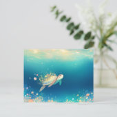 Whimsical Sea Turtle and Floral Bloom ポストカード (スタンド正面)