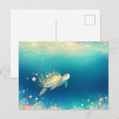 Whimsical Sea Turtle and Floral Bloom ポストカード (正面/裏面)