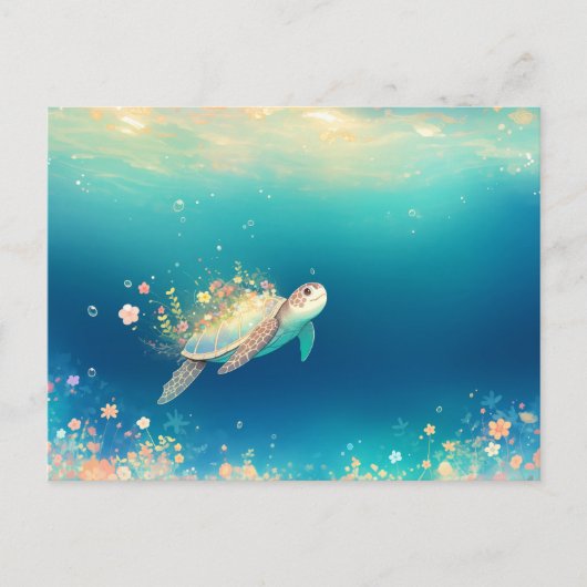 Whimsical Sea Turtle and Floral Bloom ポストカード (正面)