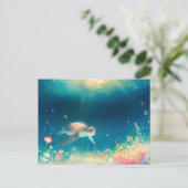 Whimsical Sea Turtle in Luminous Ocean ポストカード (スタンド正面)