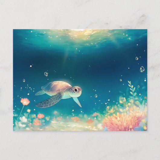 Whimsical Sea Turtle in Luminous Ocean ポストカード (正面)