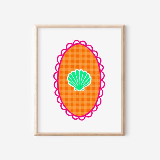 Whimsical Seashell Orange Gingham & Sea Green ポスター