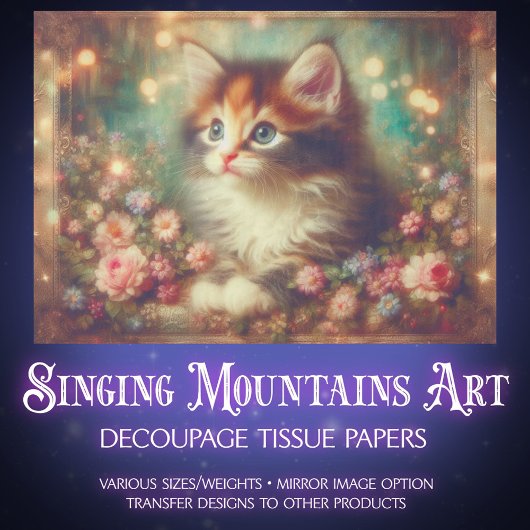 Whimsical Shabby Chic Floral Calico Cat Decoupage 薄葉紙