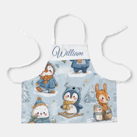 Whimsical Skating Penguins Kids Apron | Custom Nam エプロン (正面)
