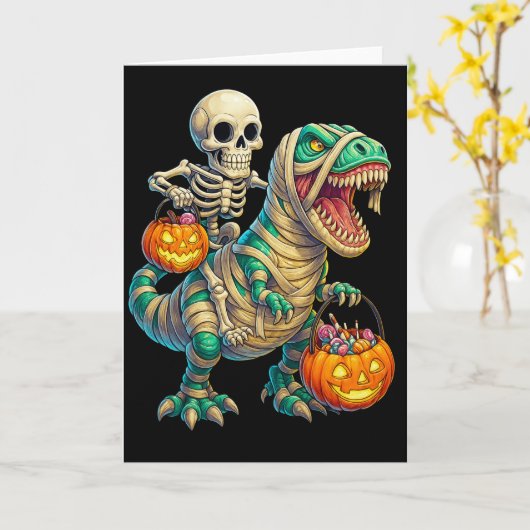 Whimsical Skeleton Riding Mummy T-Rex Halloween  カード (黄色い花)