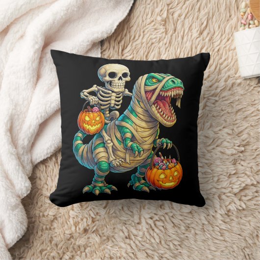 Whimsical Skeleton Riding Mummy T-Rex Halloween  クッション (ブランケット)
