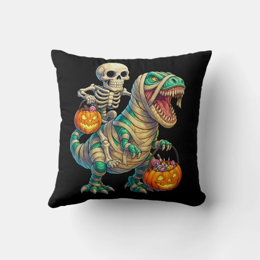 Whimsical Skeleton Riding Mummy T-Rex Halloween  クッション (裏面)