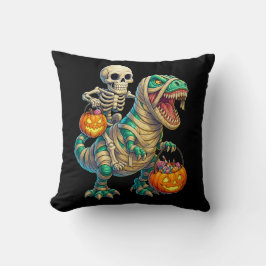 Whimsical Skeleton Riding Mummy T-Rex Halloween  クッション
