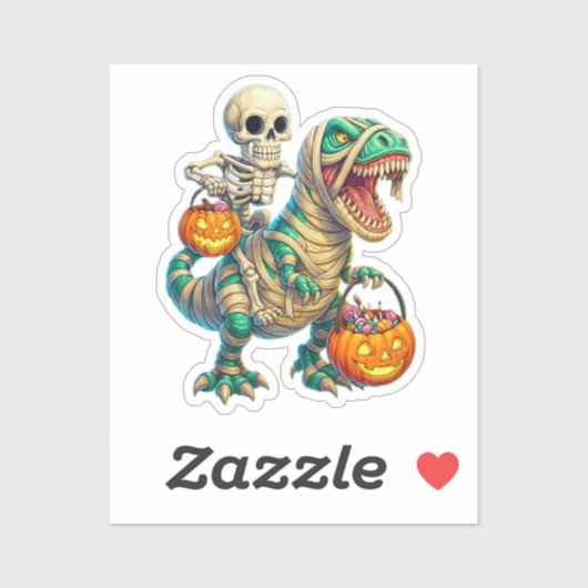 Whimsical Skeleton Riding Mummy T-Rex Halloween  シール (シート)