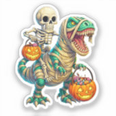 Whimsical Skeleton Riding Mummy T-Rex Halloween  シール (正面)