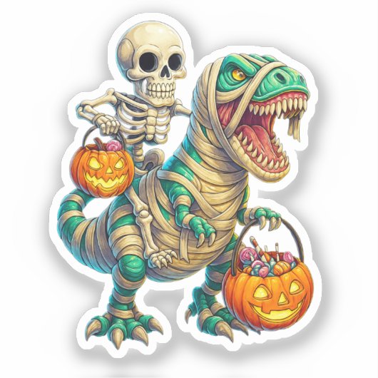 Whimsical Skeleton Riding Mummy T-Rex Halloween  シール (正面)