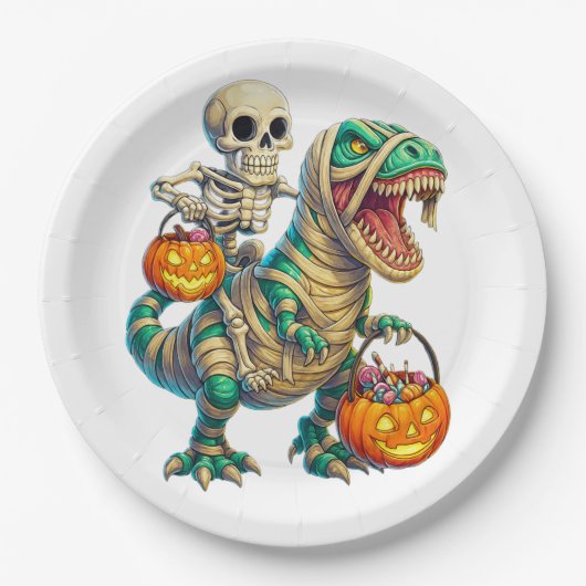 Whimsical Skeleton Riding Mummy T-Rex Halloween ペーパープレート (正面)