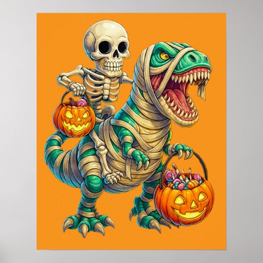 Whimsical Skeleton Riding Mummy T-Rex Halloween  ポスター (正面)