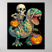 Whimsical Skeleton Riding Mummy T-Rex Halloween  ポスター (正面)
