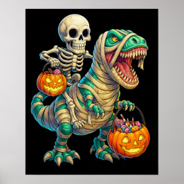 Whimsical Skeleton Riding Mummy T-Rex Halloween  ポスター