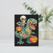 Whimsical Skeleton Riding Mummy T-Rex Halloween ポストカード (スタンド正面)