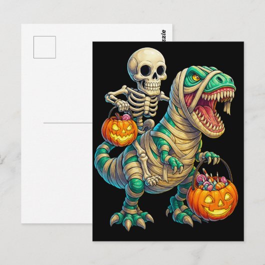 Whimsical Skeleton Riding Mummy T-Rex Halloween  ポストカード (正面/裏面)