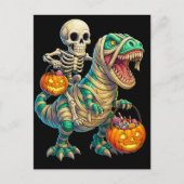 Whimsical Skeleton Riding Mummy T-Rex Halloween  ポストカード (正面)