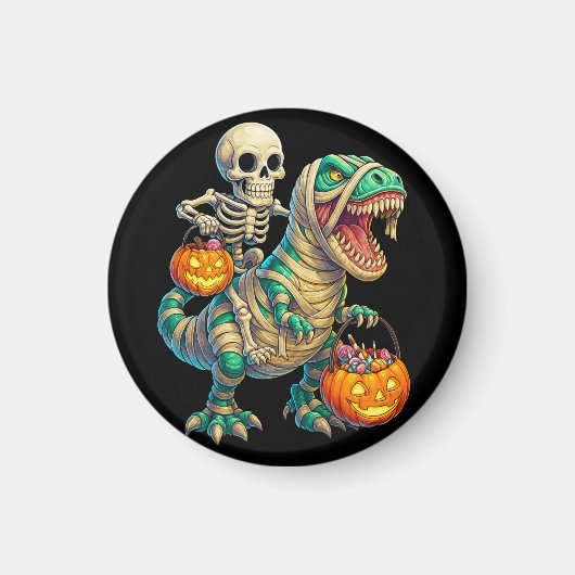 Whimsical Skeleton Riding Mummy T-Rex Halloween  マグネット (正面)