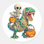Whimsical Skeleton Riding Mummy T-Rex Halloween  ラウンドシール (正面)