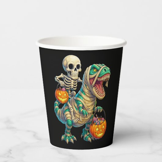 Whimsical Skeleton Riding Mummy T-Rex Halloween  紙コップ (裏面)