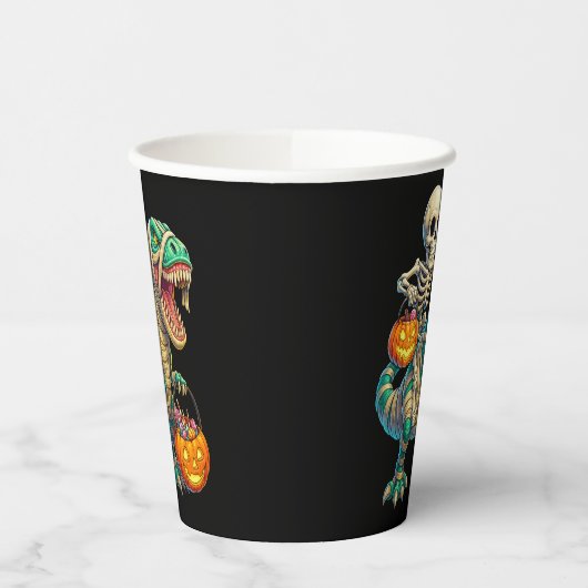 Whimsical Skeleton Riding Mummy T-Rex Halloween  紙コップ (左)