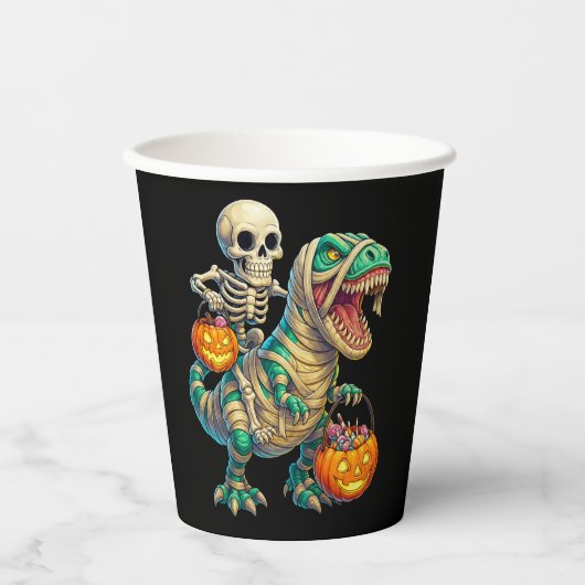 Whimsical Skeleton Riding Mummy T-Rex Halloween  紙コップ (正面)