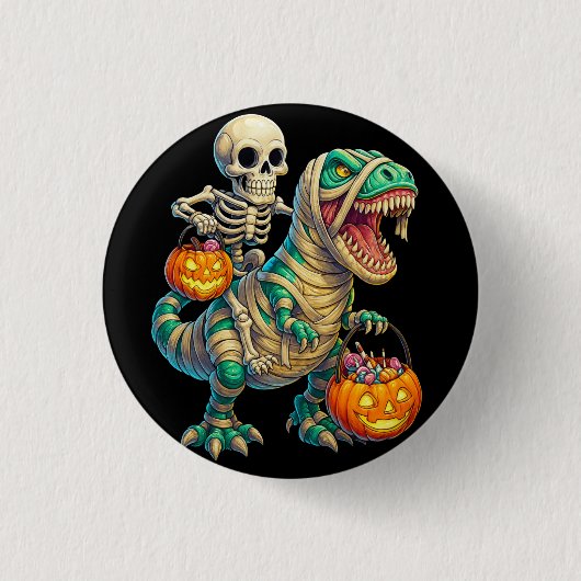 Whimsical Skeleton Riding Mummy T-Rex Halloween  缶バッジ (正面)