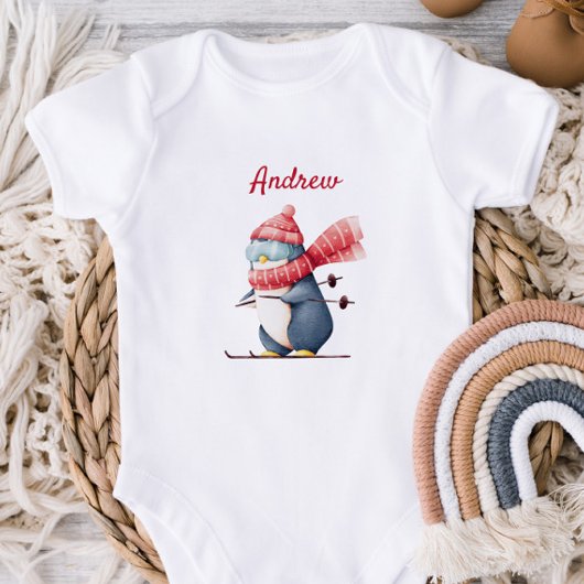 Whimsical Ski Penguin Baby Bodysuit ベビーボディスーツ