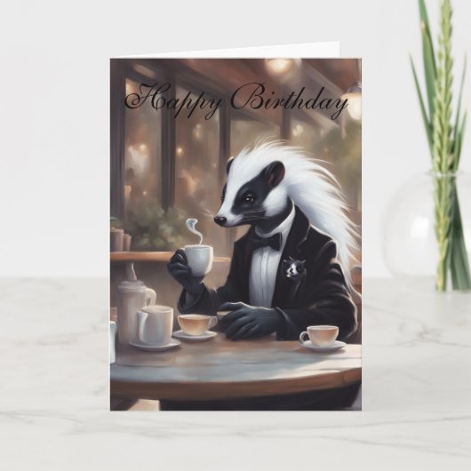 Whimsical Skunk in a coffee shop birthday カード (正面)