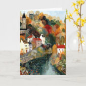 Whimsical Small Town Autumn Scene Hello Greeting カード (黄色い花)