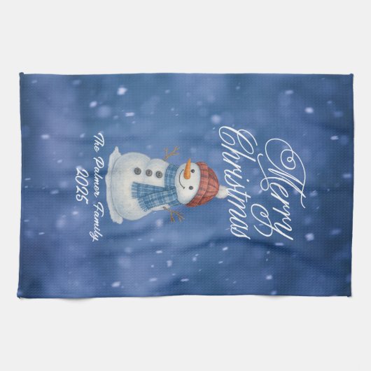 Whimsical Snow Man Merry Christmas キッチンタオル (横)