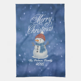 Whimsical Snow Man Merry Christmas キッチンタオル